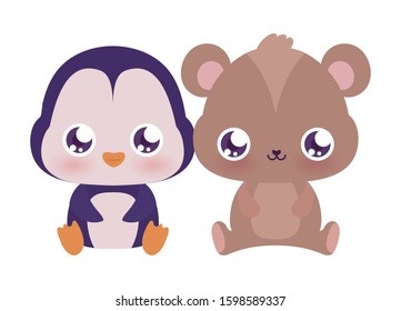 penguin and bear cartoons design, Kawaii animals expression cute character funny and emoticon theme Vector illustration