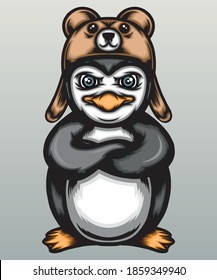 Penguin with bear hat. Premium vector
