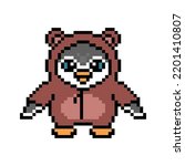Penguin in a bear kigurumi costume, cute pixel art animal character isolated on white background. Old school retro 80s, 90s 8 bit slot machine, computer, video game graphics. Cartoon kid party mascot.