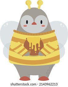 a penguin in a bee costume holds a barrel of honey, children's illustration