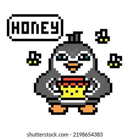 Penguin Beekeeper With A Honey Jar And Flying Bees, Pixel Art Animal Character Isolated On White Background. Old School Retro 80s-90s 8 Bit Slot Machine, Computer, Video Game Graphics. Cartoon Mascot.