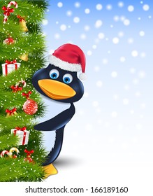 penguin  behind christmas tree