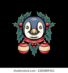 Penguin And Bells Retro Illustration For Merchandise