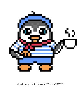 Penguin in beret and striped shirt with croissant and coffee cup, pixel art animal on white. Old school retro 80's, 90's 8 bit slot machine, video game graphics. Cartoon France mascot. Cafe character.