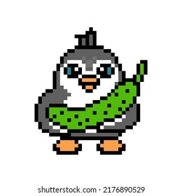 Penguin with a big cucumber, cute pixel art animal character isolated on white background. Old school retro 80s, 90s 8 bit slot machine, computer, video game graphics. Cartoon cook or farmer mascot. 