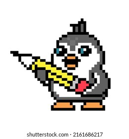 Penguin with a big graphite pencil, pixel art animal character isolated on white background. Old school retro 80's, 90's 8 bit slot machine, video game graphics. Cartoon drawing school class mascot. 