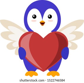 Penguin with big heart, illustration, vector on white background.