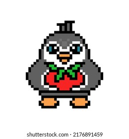 Penguin with a big tomato, cute pixel art animal character isolated on white background. Old school retro 80s, 90s 8 bit slot machine, computer, video game graphics. Cartoon cook or farmer mascot. 