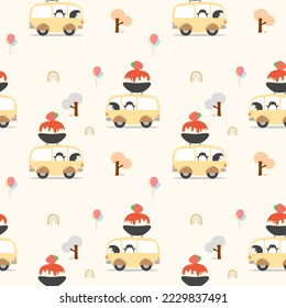 Penguin bing su shop cartoon so cute.penguin drive van. on tree balloon rainbow. Seamless pattern vector illustration. 