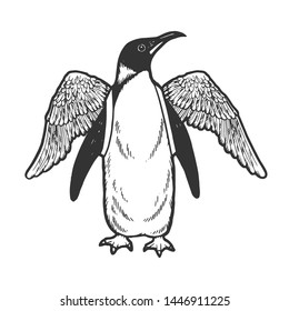 Penguin bird with false artificial wings sketch engraving vector illustration. Scratch board style imitation. Hand drawn image.