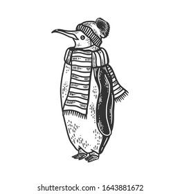 Penguin bird neck is wrapped in scarf and winter hat sketch engraving vector illustration. T-shirt apparel print design. Scratch board imitation. Black and white hand drawn image.