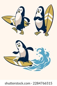 Penguin Bird Surfer Cartoon Set