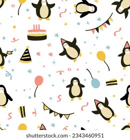 Penguin Birthday Party, featuring a cake, streamers, and a group of adorable penguins dancing.seamless patterns.
