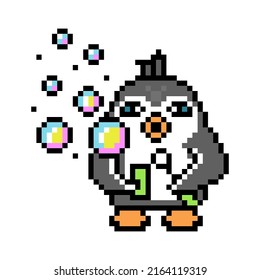 Penguin blowing soap bubbles, pixel art animal character isolated on white background. Old school retro 80's-90's 8 bit slot machine, video game graphics. Summer activity mascot. Childhood fun logo.