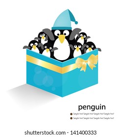 Penguin. blue gift box on white background. vector illustration.