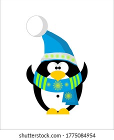 Penguin in blue Santa Claus dress 
