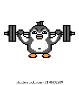 Penguin bodybuilder working out with a barbell, pixel art animal character on white background. Retro 80s, 90s 8 bit slot machine, video game graphics. Strength training mascot. Powerlifting logo.