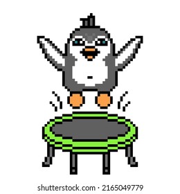 Penguin Bouncing On A Trampoline, Pixel Art Animal Character On White Background. Retro 80s, 90s 8 Bit Slot Machine, Video Game Graphics. Cartoon Jumping Sport Mascot. Kid Activity. Gymnastics Acrobat