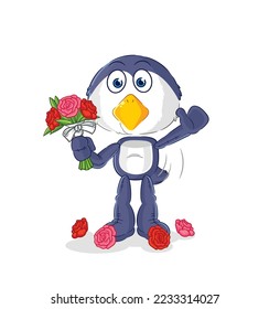 the penguin with bouquet mascot. cartoon vector