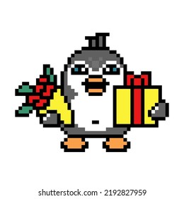 Penguin with a bouquet of red roses and holiday gift box, cute cartoon pixel art animal character isolated on white background. Old school retro 80s, 90s 8 bit slot machine,  video game graphics.