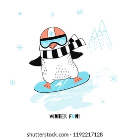 penguin boy on snowboard , funny animal character