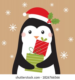 penguin brings christmas gift on craft look paper background