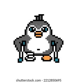 Penguin With A Broken Leg In A Cast Walking On Crutches, Pixel Art Animal Character Isolated On White Background. Old School Retro 80s, 90s 8 Bit Slot Machine, Video Game Graphics. Foot Injury Rehab.