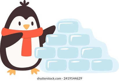 Penguin Building Ice Wall Vector Illustration