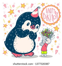 The penguin and  the Bunny. Birthday. Vector illustration. 