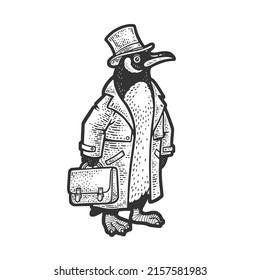 penguin businessman in business suit with case and top hat sketch engraving vector illustration. T-shirt apparel print design. Scratch board imitation. Black and white hand drawn image.