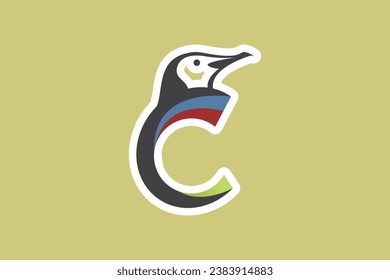 Penguin C Letter with Cute Sticker Shape icon logo design, Simple color template design.