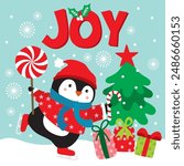 Penguin and Candy cane in happiness For Christmas Card or Bag design
