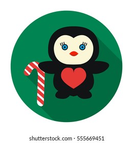 Penguin with candy cane icon in flat style isolated on white background. Christmas Day symbol stock vector illustration.