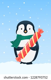 Penguin with candy. Postcard for New year and Christmas. Vector illustration in cartoon style 