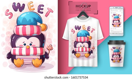 Penguin with candy poster and merchandising. Vector eps 10