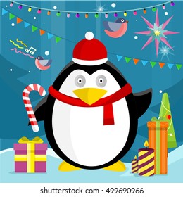 Penguin with candy stick near christmas presents on background with snow, fir trees, and new year garland. Winter holiday concept. Merry Christmas card, celebration holiday greeting card. Vector