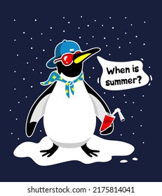 A penguin in a cap and glasses with a cocktail is waiting for summer, standing on a snowdrift during a snowfall. Vector illustration. T-shirt print.