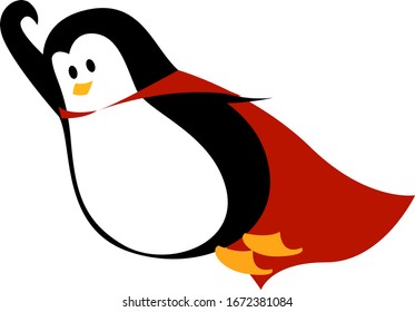 Penguin with cape, illustration, vector on white background.