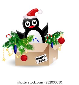 penguin in a card board with a christmas tree