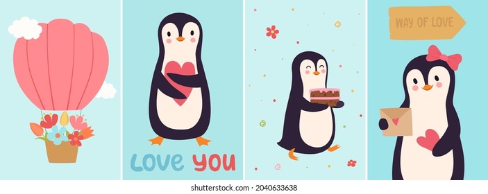 Tarjetas pingüino. Pingüinos de dibujos animados en el amor, carteles de celebración de cumpleaños. Globo de aire caliente en nubes, afiche vectorial de animales