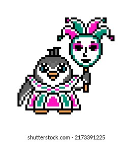Penguin in a carnival costume (dress and mask), pixel art animal character isolated on white background. Old school retro 80s, 90s 8 bit slot machine, video game graphics. Cute dress up party mascot. 