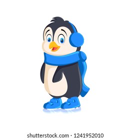 Penguin cartoon bird. Boy in headphones. Illustration on white background