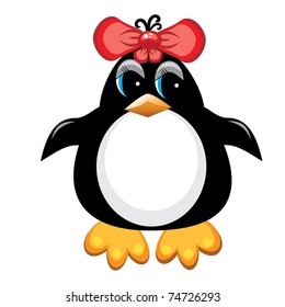 Penguin cartoon bird. Girl. Illustration on white