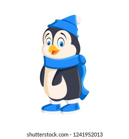 Penguin cartoon bird in hat. Boy. Illustration on white background