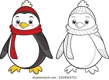 Penguin cartoon. Black and white lines. Coloring page for kids. Activity Book.