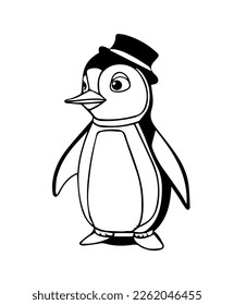 Penguin in cartoon black and white style for coloring. Vector illustration