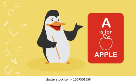 Penguin Cartoon Character Animal Be A Teacher For Back To School Concept. Penguin Teaching  For Education Logo