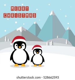 Penguin cartoon character. Cute Penguins wearing Santa Claus hat for Merry Christmas and Happy New Year invitation card.