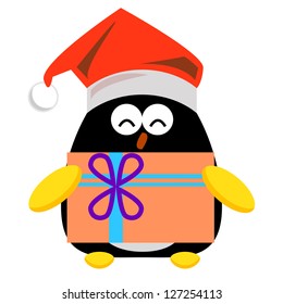 penguin cartoon character with gift box illustration