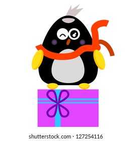 penguin cartoon character with gift box illustration